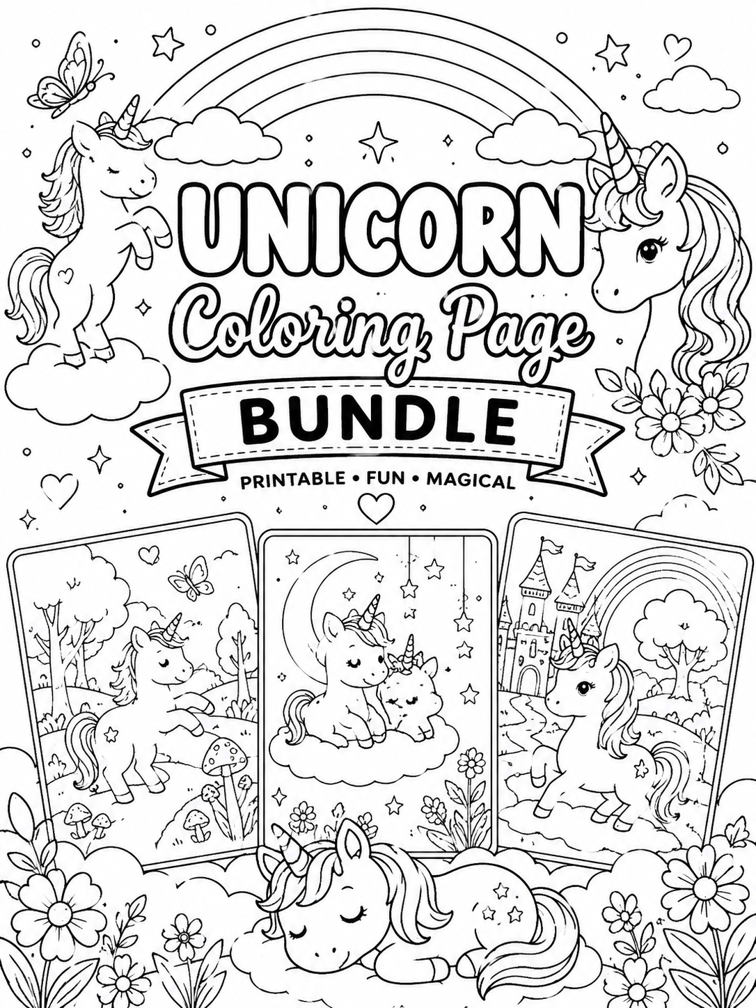 Unicorn coloring bundle cover with unicorns, rainbows and castles