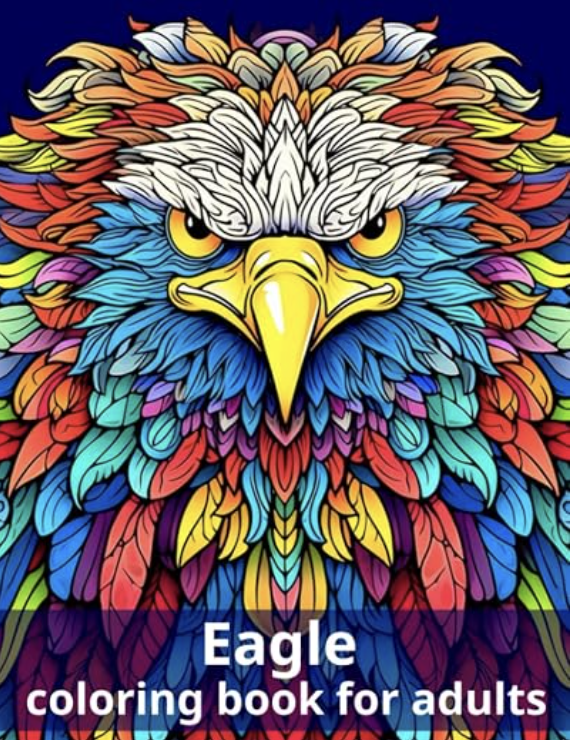 Majestic Eagles adult coloring book cover with a vividly colored eagle head