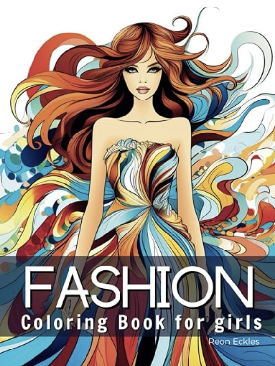 Fashion coloring book cover with a woman with flowing colorful hair
