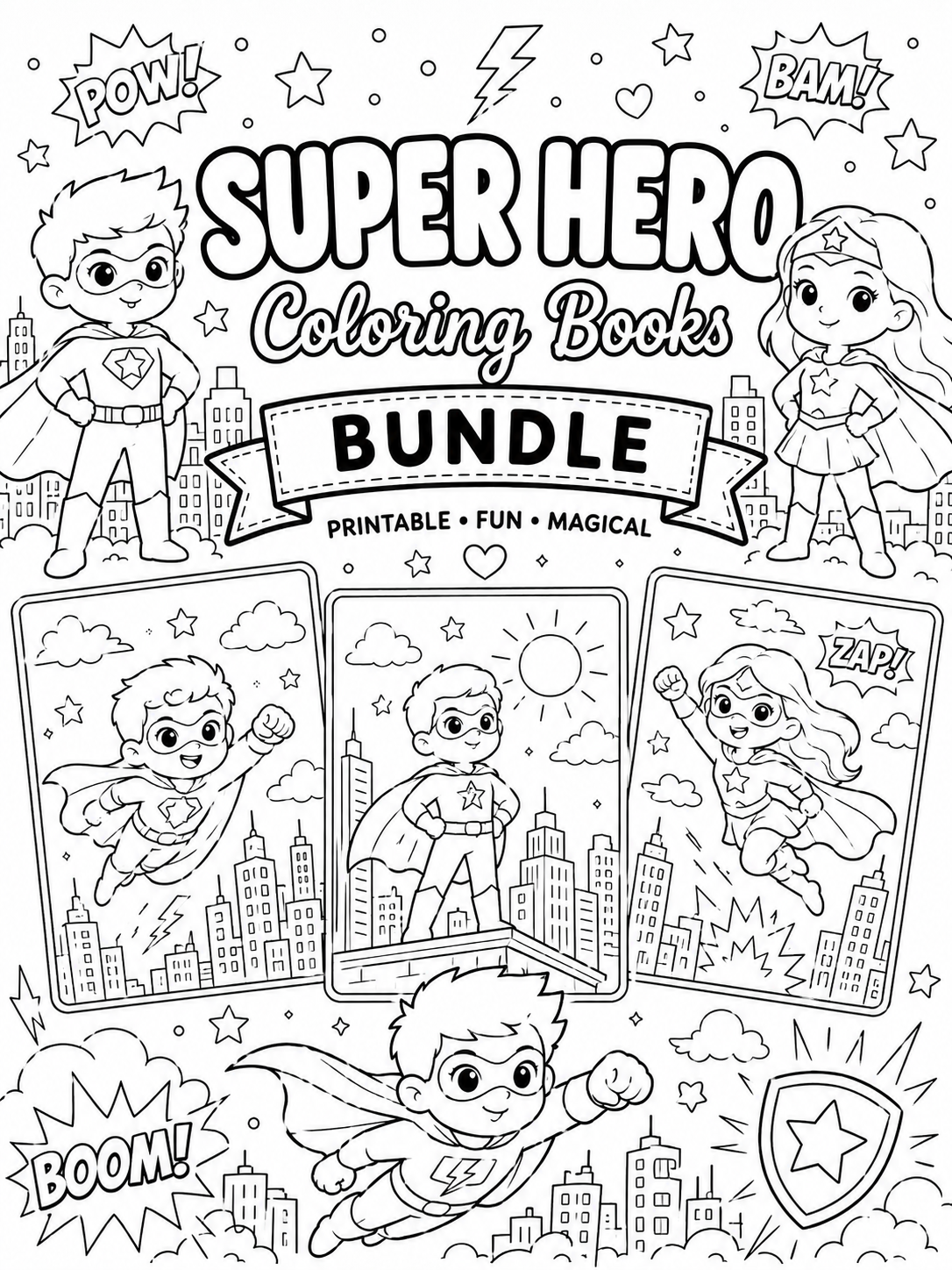 Superhero coloring bundle cover with young heroes in a city