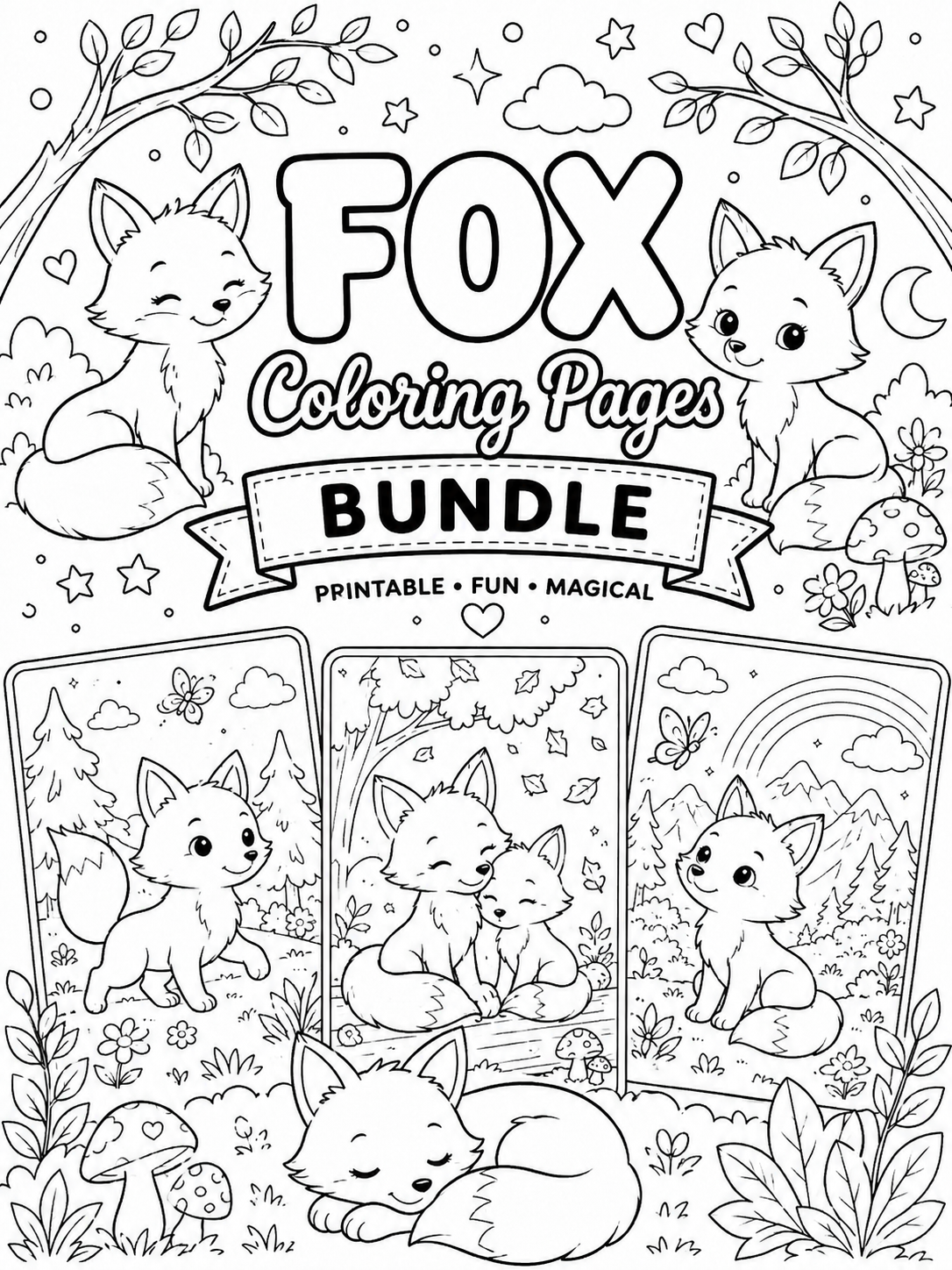 Fox coloring bundle cover with line-art foxes in a forest