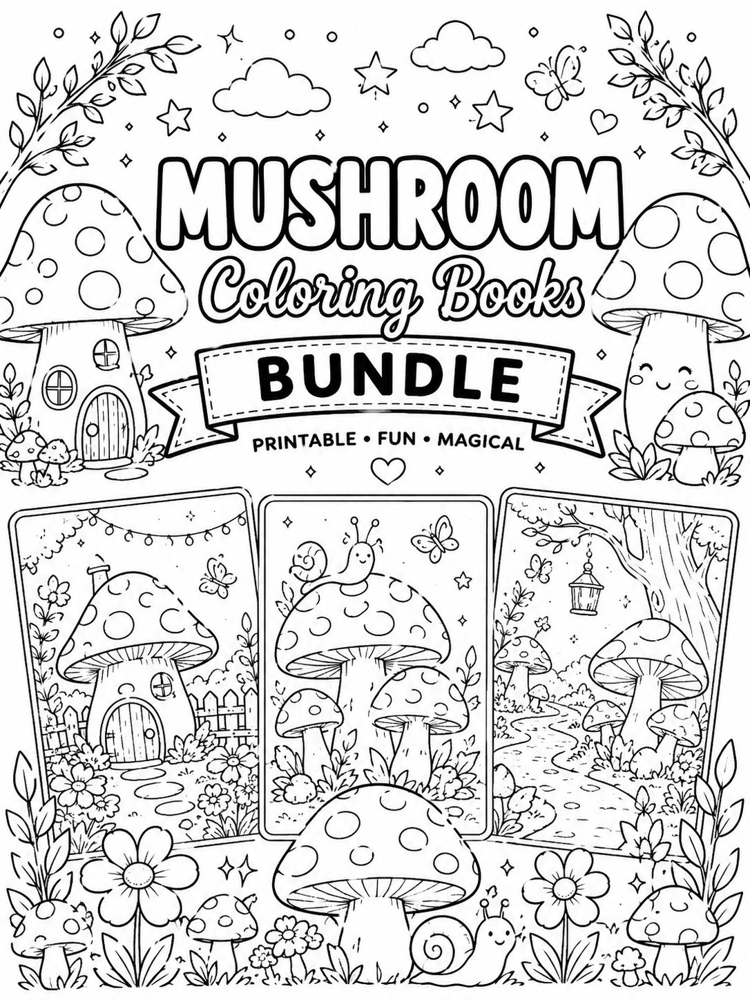 Mushroom coloring bundle cover with whimsical mushroom houses