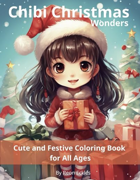 Chibi Christmas Wonders coloring book cover with a chibi girl in a Santa hat