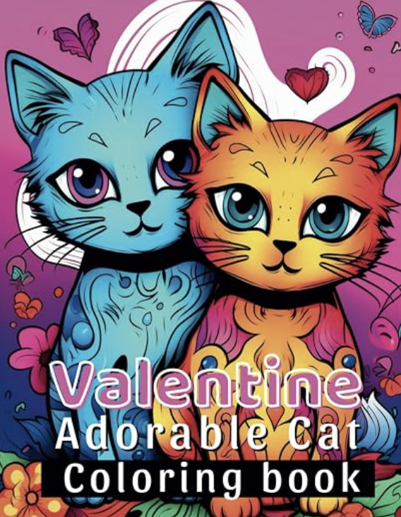 Valentine Adorable Cat coloring book cover with two stylized cats